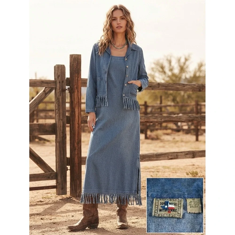 Dont Mess With Texas Denim Fringe Maxi Dress and Jacket Set Blue Medium Vintage